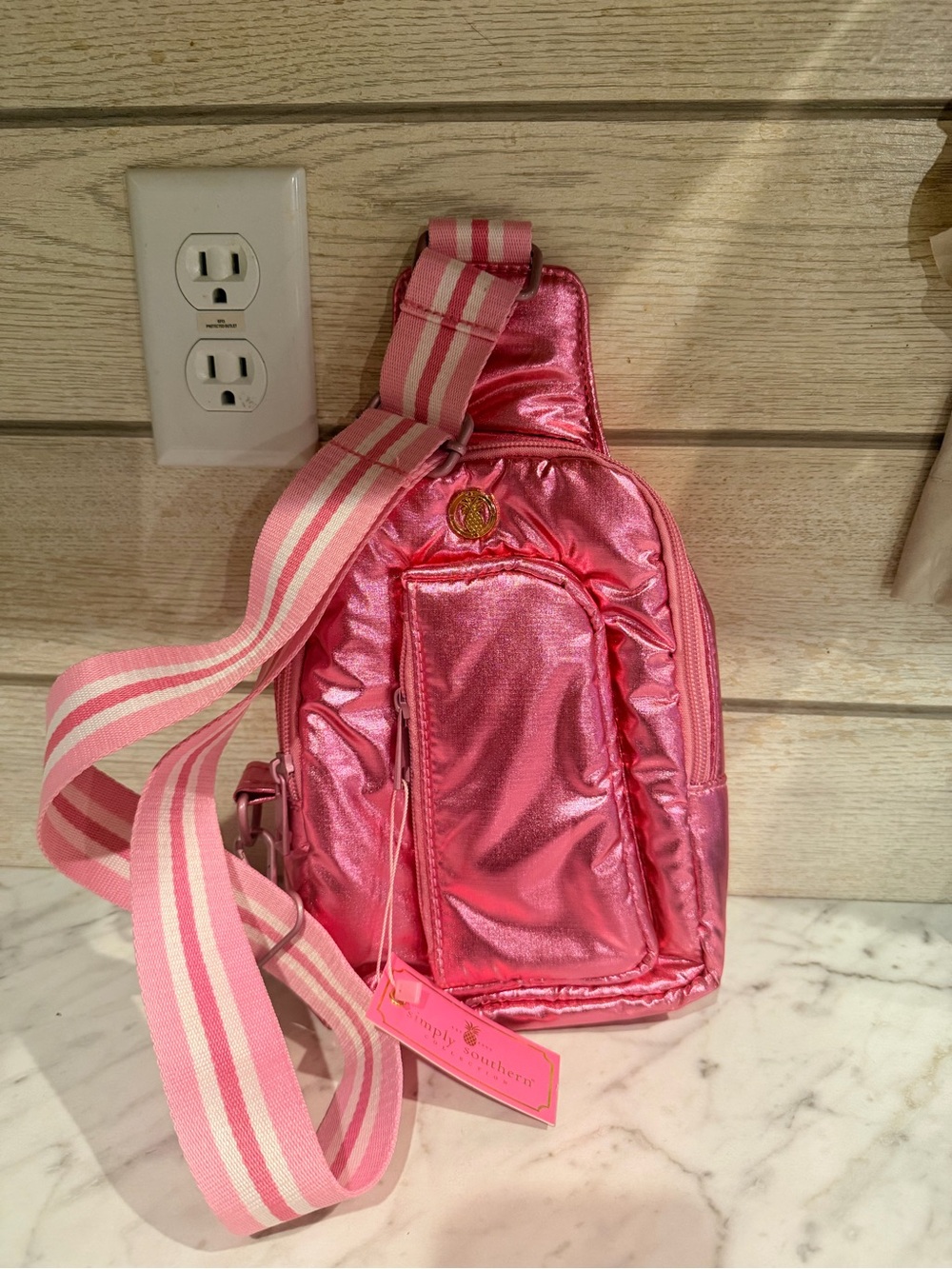 Simply Southern Metallic Pink Crossbody Sling Bag with Pink-White Strap
